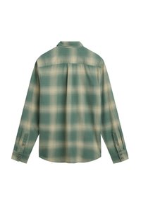 Long-sleeve plaid shirt in green and cream, featuring a relaxed fit, buttoned cuffs, and a back yoke for structured support.