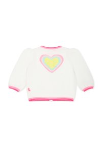 Witte gebreide trui met een roze zoom en mouwen, voorzien van een meerkleurig hartontwerp op de achterkant. Ronde halslijn, puffed mouwen.
