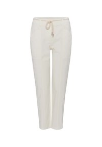 Crème-kleurige broek van katoen, met een trekkoord in de taille, zijzakken en stiksel-details langs de zijkanten. Recht model.