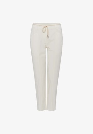 Cremefarbene Baumwollhosen mit einem Gummizugbund, seitlichen Taschen und Stichdetails an den Seiten. Gerader Schnitt.