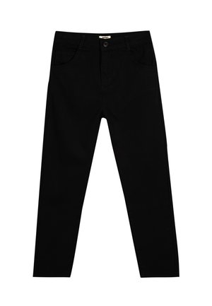Pantalons noirs en mélange de coton, dotés d'un design standard à cinq poches, de jambes droites et d'une taille classique avec fermeture à bouton.