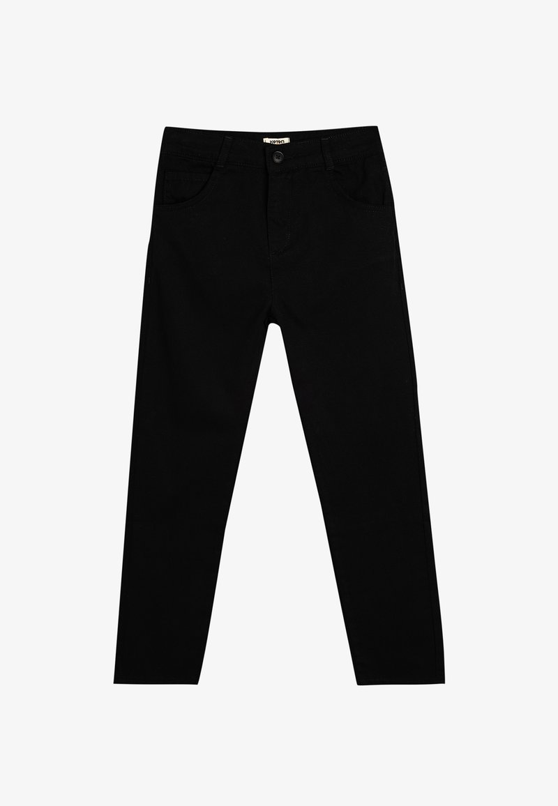 Zwarte broek van katoenmix, met een standaard vijf-pocket ontwerp, rechte pijpen en een klassieke tailleband met knoopsluiting.