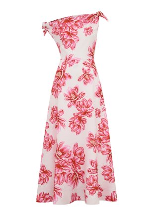 Valge õlgadeta maksikleit, millel on seotud rihmad, suur punase ja roosa lillemustriga ning keha järgiva vöökohaga.