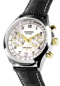 Chronograph watch with a silver dial, black leather strap, silver and gold accents, tachymeter scale, date display, and three sub-dials.