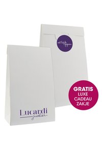 White paper gift bag with a textured surface, featuring a purple circular label and the brand name "Lucardi" in purple text.