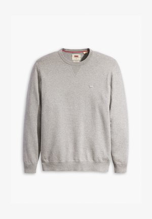 Sivi dukserica s okruglim izrezom, napravljena od mješavine pamuka. Ima mali logo na grudima, rebraste manžetne i donji rub te glatku teksturu.