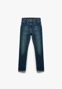 Jeans de mezclilla azules con corte recto, deslavados en los muslos, cinco bolsillos y cierre de botón. Presentan una cinturilla clásica y costura en el dobladillo inferior.