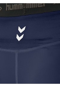 Marina atletiska shorts med texturerat tyg, med en svart midja och vit chevronlogotyp. Slät, åtsittande design med synlig sömnad.