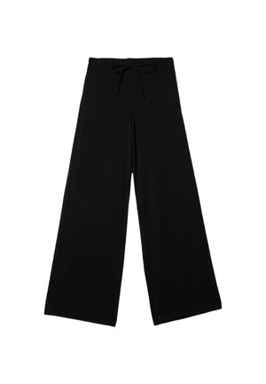 Zwarte broek met wijde pijpen gemaakt van zachte stof, voorzien van een elastische tailleband met een trekkoord en zonder zichtbare patronen of versieringen.