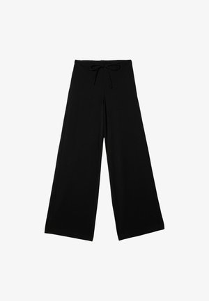 Schwarze Hosen mit weitem Bein aus weichem Stoff, ausgestattet mit einem elastischen Bund und einem Kordelzug, ohne sichtbare Muster oder Verzierungen.