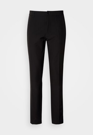 Pantalones negros de tela lisa, con diseño de pierna recta, cierre frontal con botón y discretos bolsillos laterales. Aspecto sencillo y entallado.