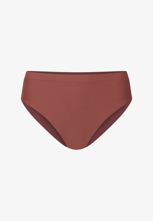 Bikini w wysokim stanie w kolorze rdzawym, wykonany z gładkiego, elastycznego materiału. Oferuje bezszwowy krój z umiarkowanym pokryciem i miękką talią.