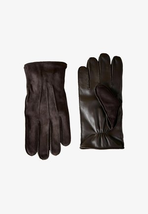 Braune Lederhandschuhe mit glatter Oberfläche, ausgestattet mit einer weichen Wildlederhandfläche und einem gerafften Handgelenk für zusätzlichen Komfort und perfekten Sitz.