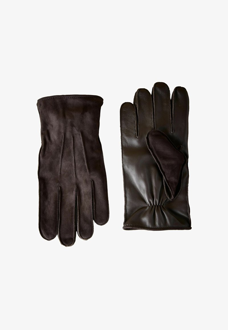 Guanti in pelle marrone con una finitura liscia, dotati di un palmo in morbido suede e dettaglio arricciato ai polsi per un comfort e una vestibilità superiori.