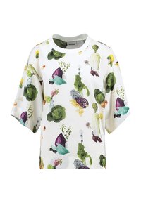 Weißes Kurzarmoberteil mit buntem Gemüse-Print, darunter Kopfsalat, Rote Beete und Kräuter. Glattes Material mit einem lässigen Schnitt.