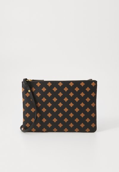 Black synthetic pouch with a textured finish, featuring a geometric brown pattern. Includes a detachable strap and gold zipper pull.