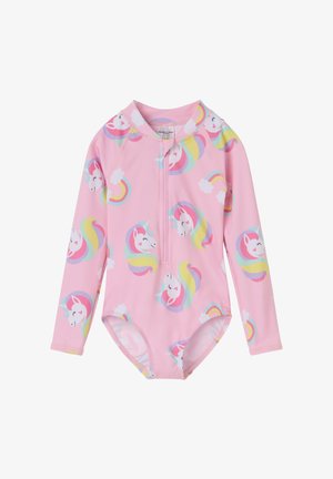 Roze zwemkleding voor peuters met lange mouwen, voorzien van een rits aan de voorkant en versierd met een patroon van kleurrijke eenhoornhoofden en regenbogen.