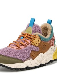 Multicolored sneaker featuring a mix of materials including fluff, suede, and textured fabric. Includes orange laces, blue accents, and a speckled sole.