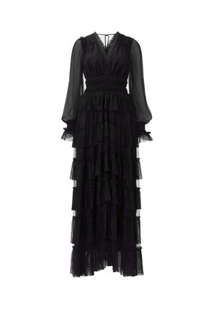 Black tiered maxi dress made of sheer fabric, featuring ruffled long sleeves, a cinched waist, and multiple layered frills throughout.