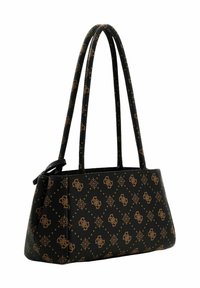 Sac à main synthétique noir avec un motif de logo doré, forme structurée, double poignée et finition texturée.