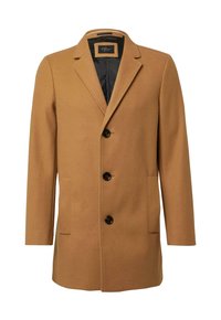 Bruine wolmix jas met een knoopsluiting, drie knopen, twee zijzakken en een soepel binnenvoering. Eenvoudig, op maat gemaakt ontwerp.