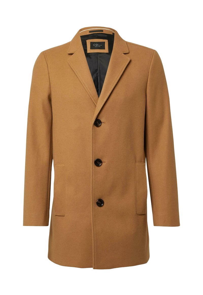 Bruine wolmix jas met een knoopsluiting, drie knopen, twee zijzakken en een soepel binnenvoering. Eenvoudig, op maat gemaakt ontwerp.