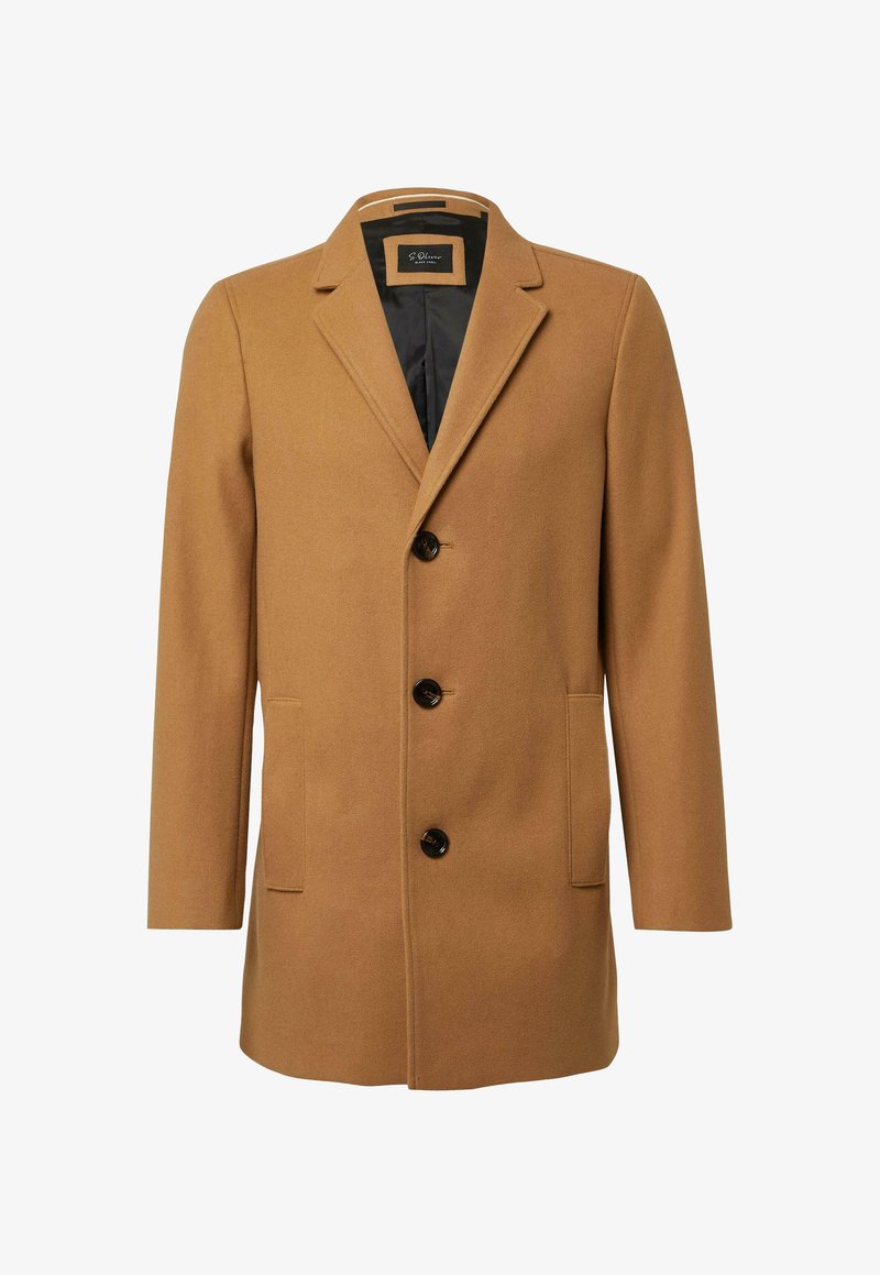 Bruine wolmix jas met een knoopsluiting, drie knopen, twee zijzakken en een soepel binnenvoering. Eenvoudig, op maat gemaakt ontwerp.