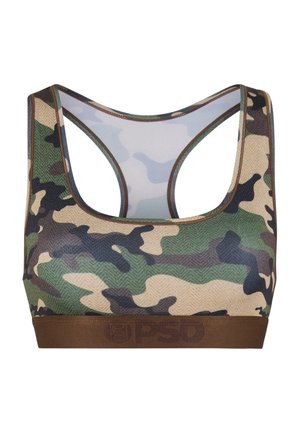 Brassière de sport avec motif camouflage vert, marron et beige et bande élastique marron en bas avec logo embossé.
