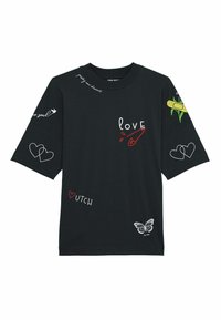 Black cotton t-shirt with short sleeves, featuring various colorful graphic prints, including hearts, the word "love," and a butterfly.
