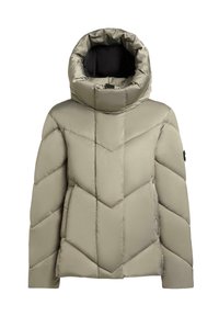Gepolsterte Oberbekleidung in hellbeige mit hohem, oversized Kragen und Zickzack-Steppung. Verfügt über Seitentaschen und ein glattes, synthetisches Material.