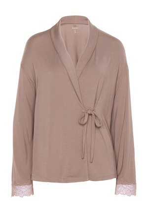 Taupefarbener Wickelcardigan mit langen Ärmeln, Spitzenbesatz an den Bündchen und seitlicher Bindung, mittlere Größe, weicher Stoff.