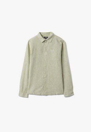 Camicia a maniche lunghe con bottoni, righe verticali verde chiaro e bianco, tasca sul petto frontale e colletto appuntito.