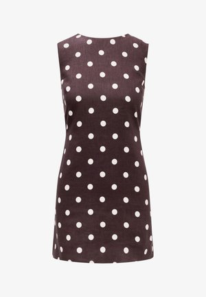 Ermeløs brun kjole med hvite prikker, rett snitt, over kneet lengde, rund halslinning, ingen synlige lukkinger.