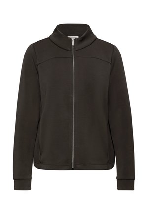 Svart zip-up jacka i slätt tyg, med hög krage, långa ärmar och ribbade muddar. Enkel, modern design med diskret sömnad.