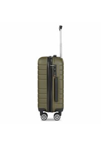 Valigia rigida verde oliva, con design a righe, zip nera, serratura a combinazione integrata e quattro ruote per la mobilità.