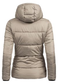Beige puffer jacket with a hood, featuring a quilted texture, vertical seams, and elastic cuffs. The back shows a tapered fit and logo detail.