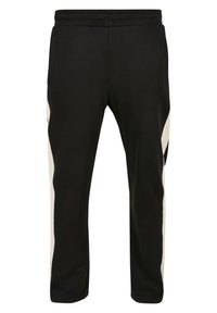 Pantaloni atletici negri, fabricați dintr-un material moale, cu buzunare laterale și o dunga albă contrastantă de-a lungul cusăturilor exterioare. Inclusă o talie elastică.