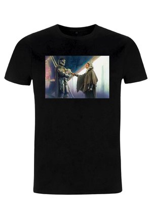 Schwarzes Baumwoll-T-Shirt mit einem Druck von zwei Charakteren in einer Sci-Fi-Umgebung, mit detaillierten Grafiken und lebendigen Farben.