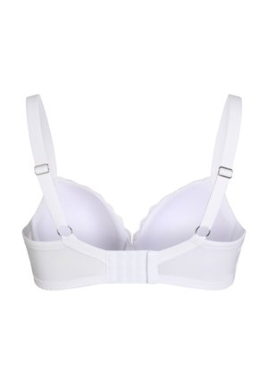 Bílá vycpávaná podprsenka s nastavitelnými ramínky a zapínáním na háček a očko vzadu, s obloukovým lemováním okolo košíčků.