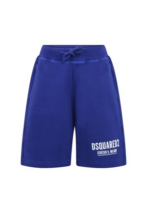 Pantaloni corti blu in cotone misto con una texture morbida, caratterizzati da un waistband con coulisse e logo bianco del marchio sulla gamba sinistra.