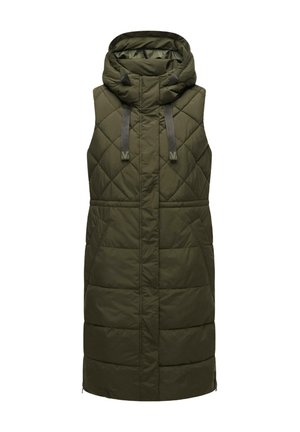 Chaleco acolchado verde con capucha, que presenta un patrón de quilt, correas grises y bolsillos laterales. El dobladillo es ligeramente curvado con cremalleras en la parte inferior.