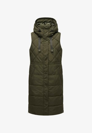 Gewatteerd groen vest met een capuchon, voorzien van een gevoerd patroon, grijze banden en zijzakken. De onderkant is licht gebogen met ritsen aan de onderzijde.