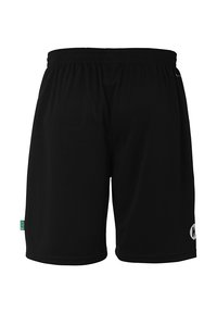 Zwarte sportshorts met een elastische tailleband, een gladde textuur en een wit logo op het linkerbeen. Inclusief een klein groen label aan de zijkant.