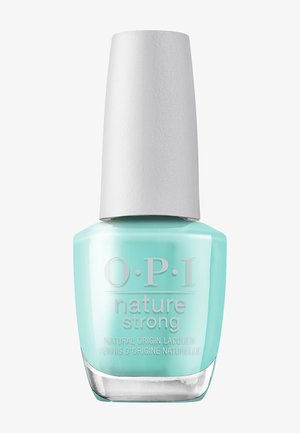 Flacon de vernis à ongles OPI Nature Strong turquoise clair avec bouchon texturé blanc sur fond uni.