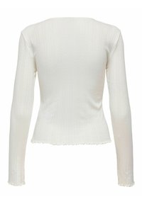 Langarmtop in off-white ribgebreide stof met gestructureerde verticale strepen en een geschulpte zoom. Heeft een getailleerde pasvorm en een ronde halslijn.