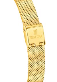 Zlatna mrežasta narukvica za sat s kopčom koja nosi logo "FESTINA." Narukvica ima teksturirani uzorak s glatkim rubovima i elegantan dizajn.