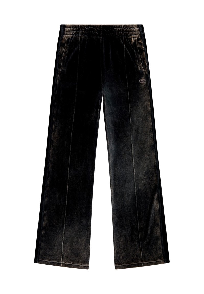 Schwarze Velourhosen mit elastischem Bund, weitem Bein und subtiler Glanz. Mit seitlichen Taschen und einem kleinen Logo auf der Vorderseite.
