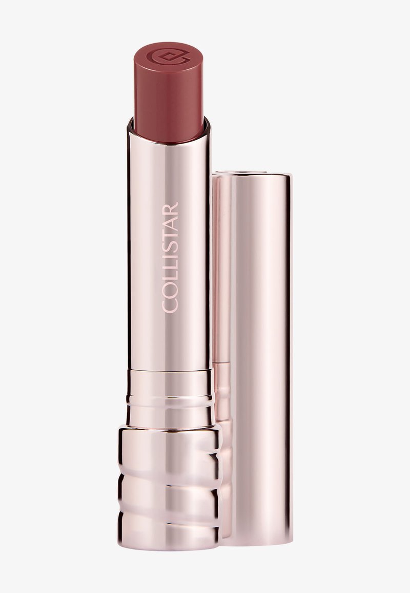 Rouge à lèvres mauve de la marque Collistar dans un étui rose doré brillant, capuchon à côté, rouge à lèvres complètement déployé.