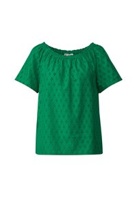 Blusa di cotone verde con maniche corte, caratterizzata da un scollo off-the-shoulder e motivi a occhio di pernice su tutta la superficie. Tessuto morbido e leggero.