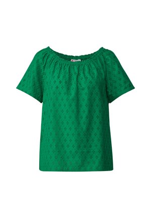 Zelená bavlněná blůza s krátkými rukávy, s vykrojeným výstřihem a očkovými vzory po celém povrchu. Měkká, lehká textilie.